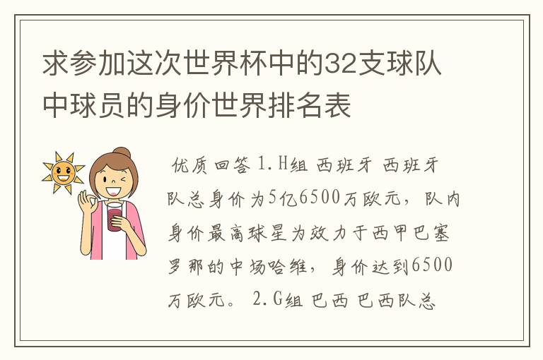 求参加这次世界杯中的32支球队中球员的身价世界排名表