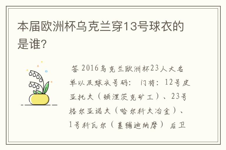 本届欧洲杯乌克兰穿13号球衣的是谁?