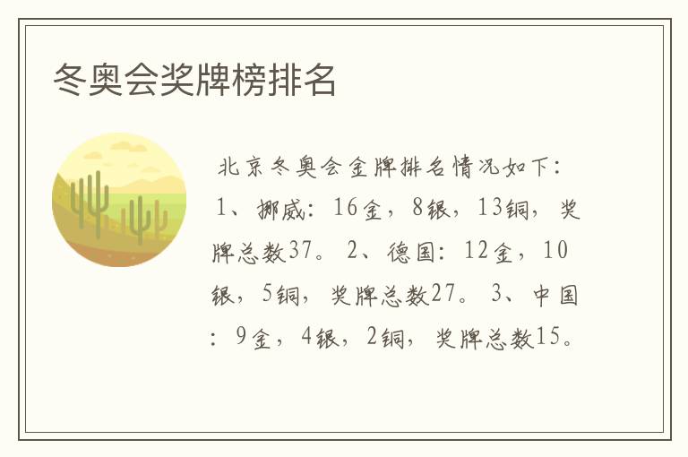冬奥会奖牌榜排名