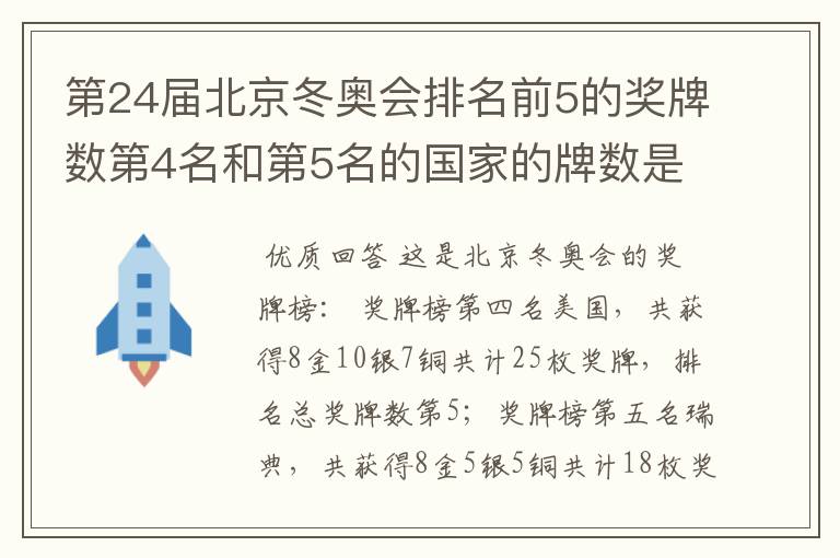 第24届北京冬奥会排名前5的奖牌数第4名和第5名的国家的牌数是多少?