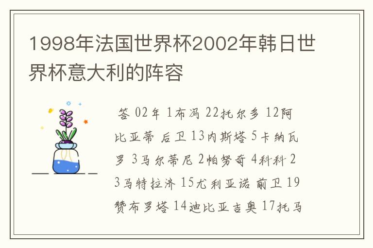 1998年法国世界杯2002年韩日世界杯意大利的阵容