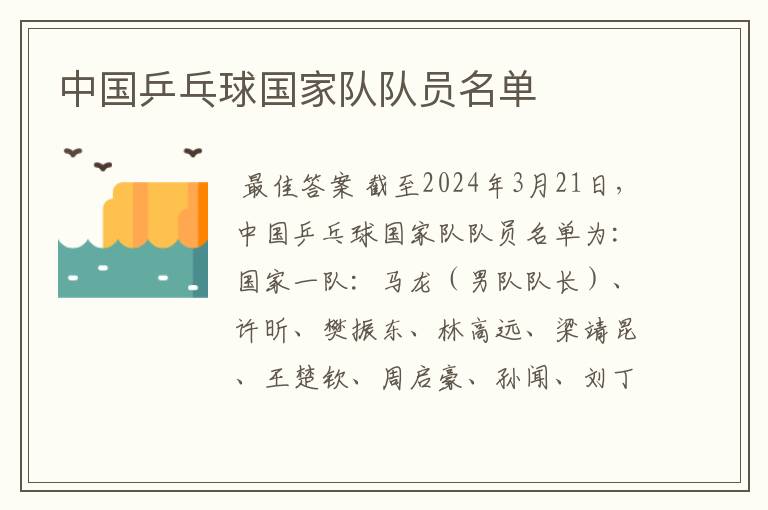 中国乒乓球国家队队员名单