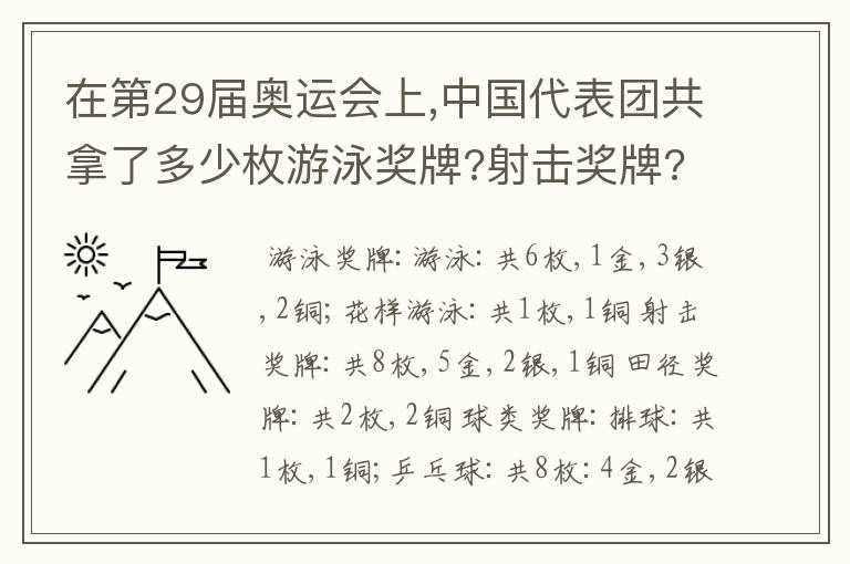 在第29届奥运会上,中国代表团共拿了多少枚游泳奖牌?射击奖牌?田径奖牌?球类奖牌?体操奖牌?摔交奖牌?
