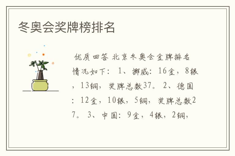 冬奥会奖牌榜排名
