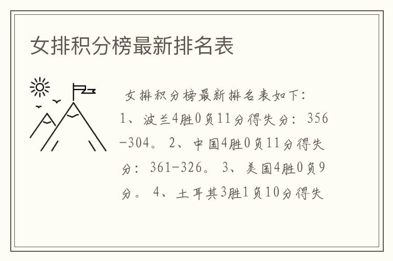 女排积分榜最新排名表