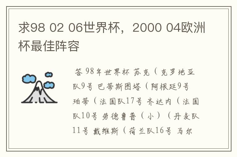 求98 02 06世界杯,2000 04欧洲杯最佳阵容