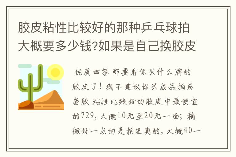 胶皮粘性比较好的那种乒乓球拍大概要多少钱?如果是自己换胶皮,那胶皮贵不?