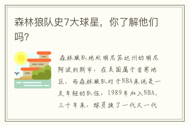 森林狼队史7大球星,你了解他们吗?