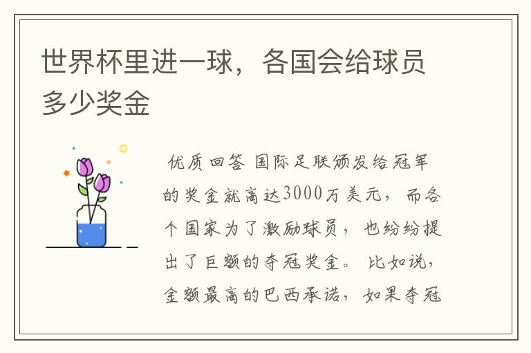 世界杯里进一球,各国会给球员多少奖金