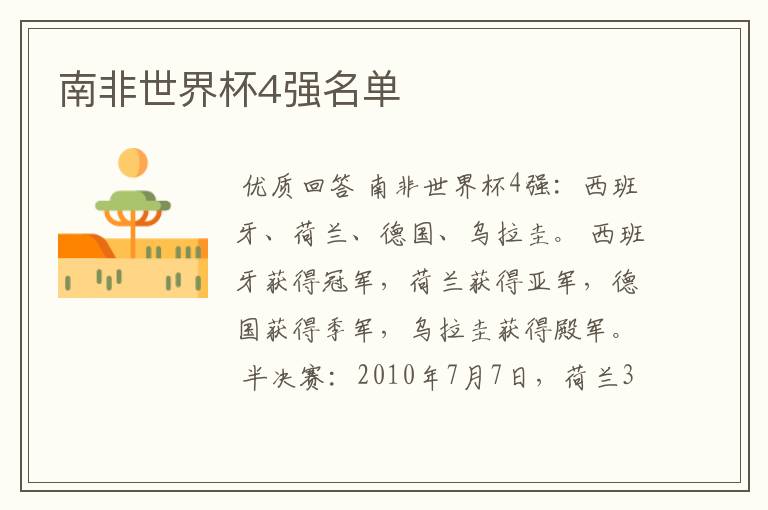 南非世界杯4强名单