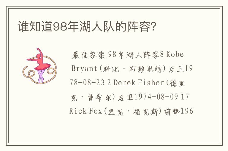 谁知道98年湖人队的阵容?