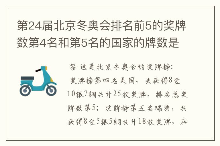 第24届北京冬奥会排名前5的奖牌数第4名和第5名的国家的牌数是多少?