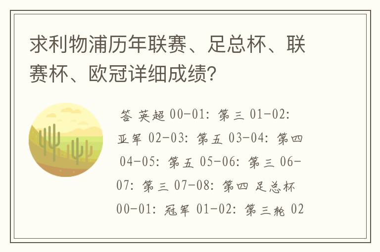 求利物浦历年联赛、足总杯、联赛杯、欧冠详细成绩?