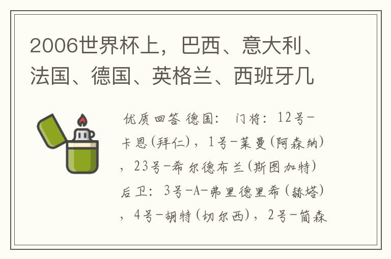 2006世界杯上,巴西、意大利、法国、德国、英格兰、西班牙几支队的首发11人球员中英文名单。