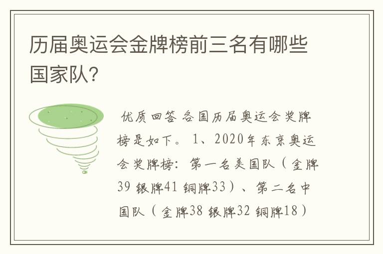 历届奥运会金牌榜前三名有哪些国家队?