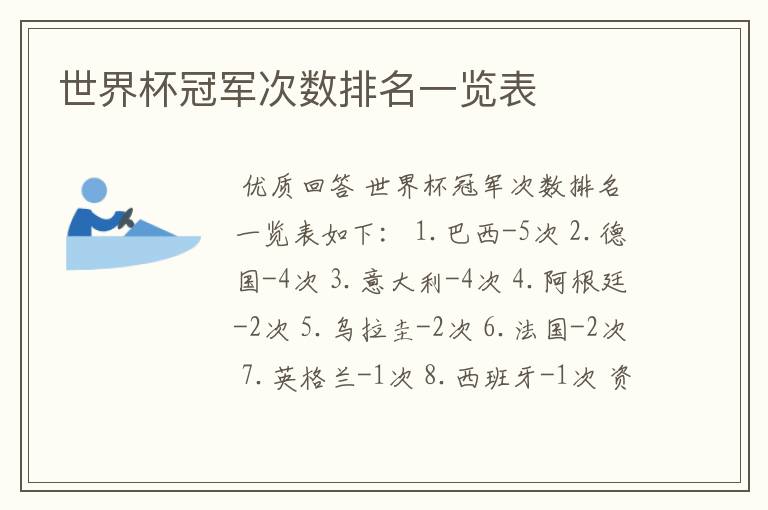 世界杯冠军次数排名一览表