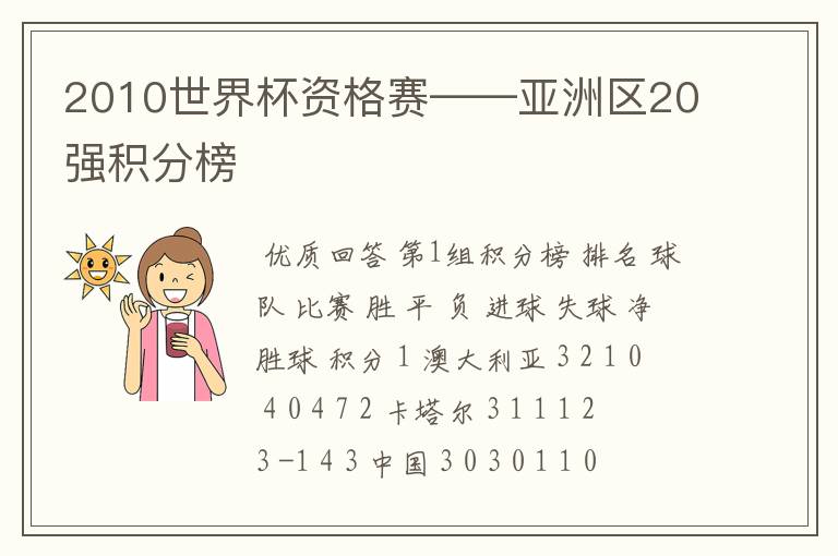 2010世界杯资格赛——亚洲区20强积分榜