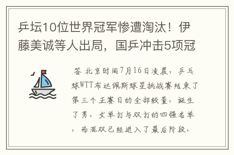乒坛10位世界冠军惨遭淘汰!伊藤美诚等人出局,国乒冲击5项冠军