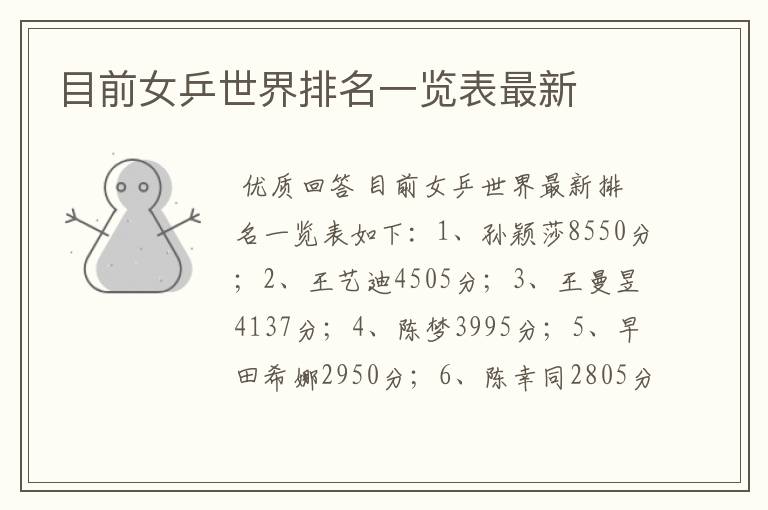 目前女乒世界排名一览表最新