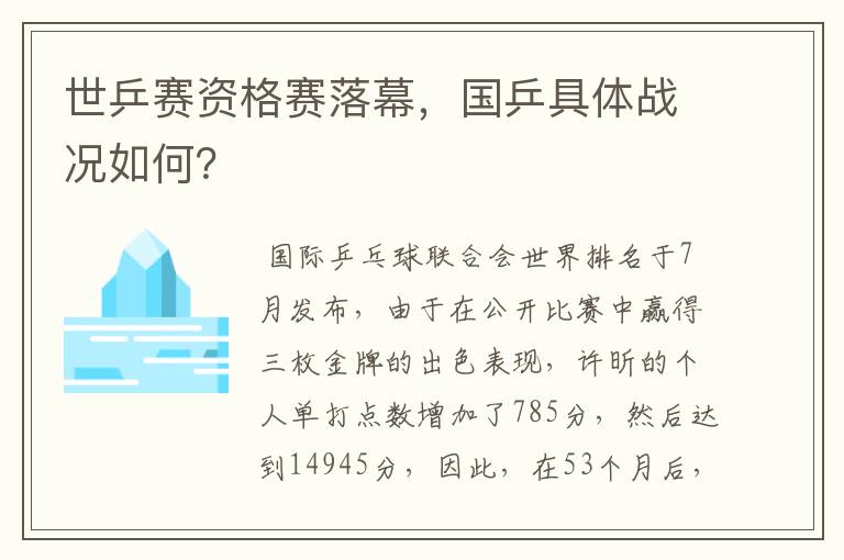 世乒赛资格赛落幕,国乒具体战况如何?