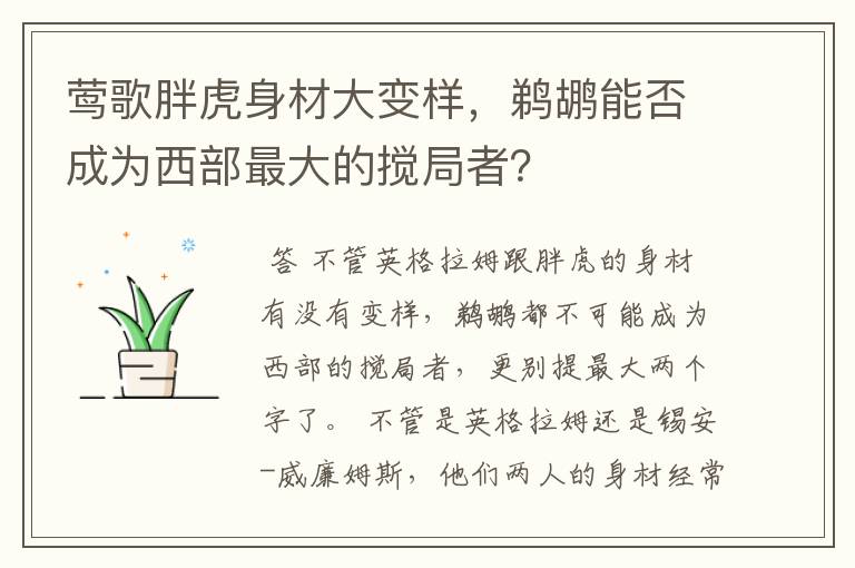 莺歌胖虎身材大变样,鹈鹕能否成为西部最大的搅局者?