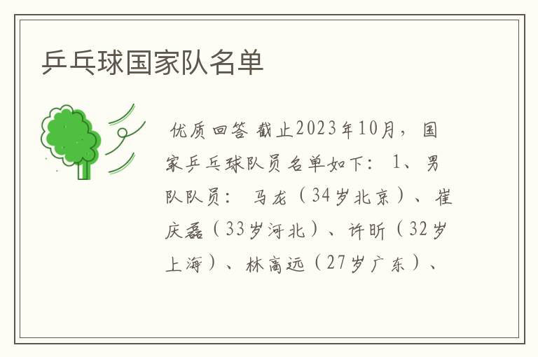 乒乓球国家队名单