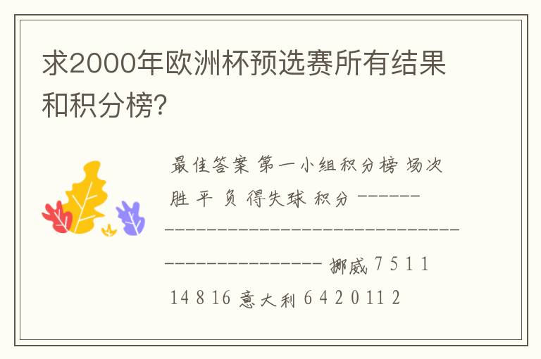 求2000年欧洲杯预选赛所有结果和积分榜?