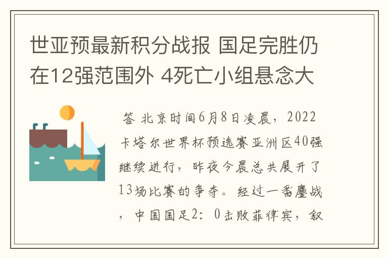 世亚预最新积分战报 国足完胜仍在12强范围外 4死亡小组悬念大