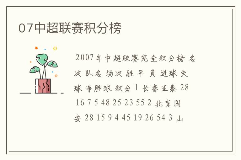 07中超联赛积分榜