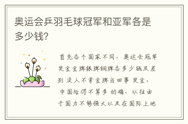 奥运会乒羽毛球冠军和亚军各是多少钱?