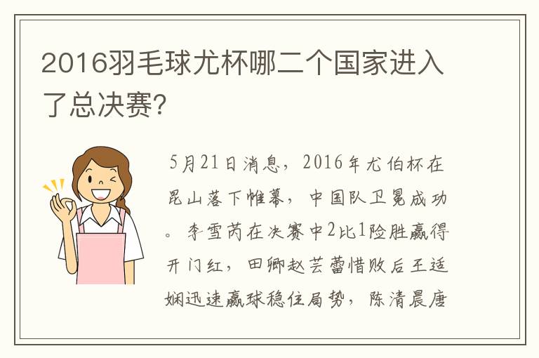 2016羽毛球尤杯哪二个国家进入了总决赛?
