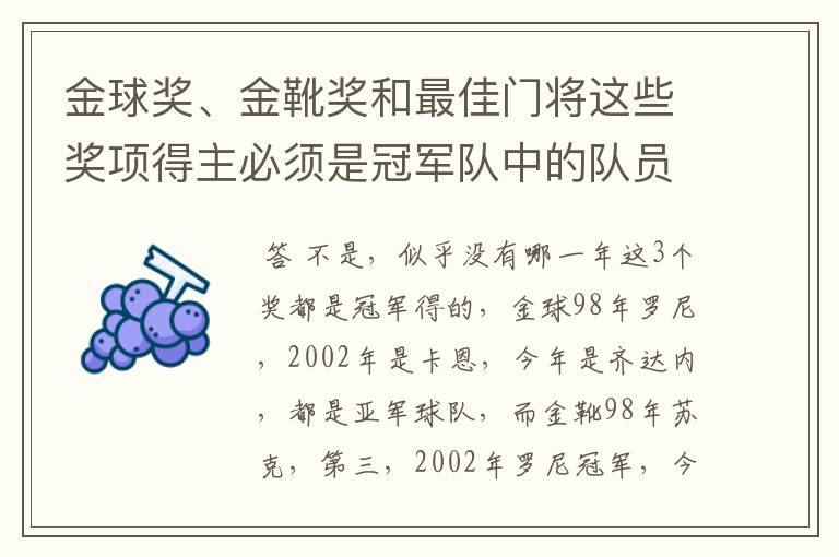 金球奖、金靴奖和最佳门将这些奖项得主必须是冠军队中的队员才能获得吗?