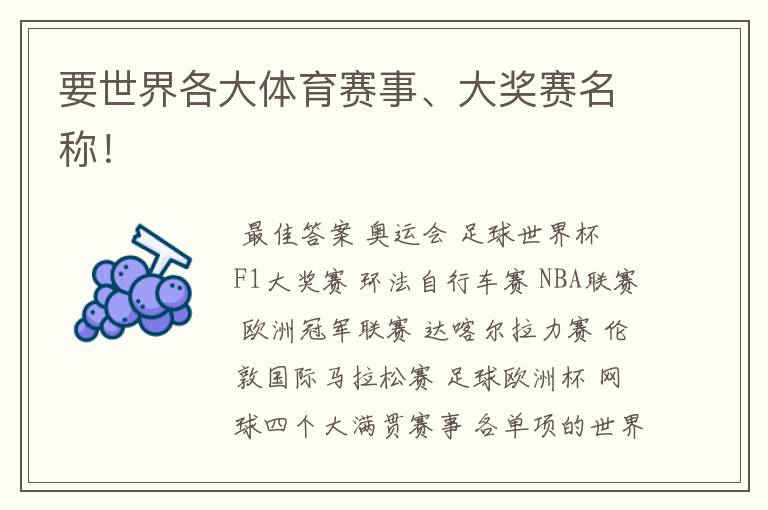 要世界各大体育赛事、大奖赛名称!