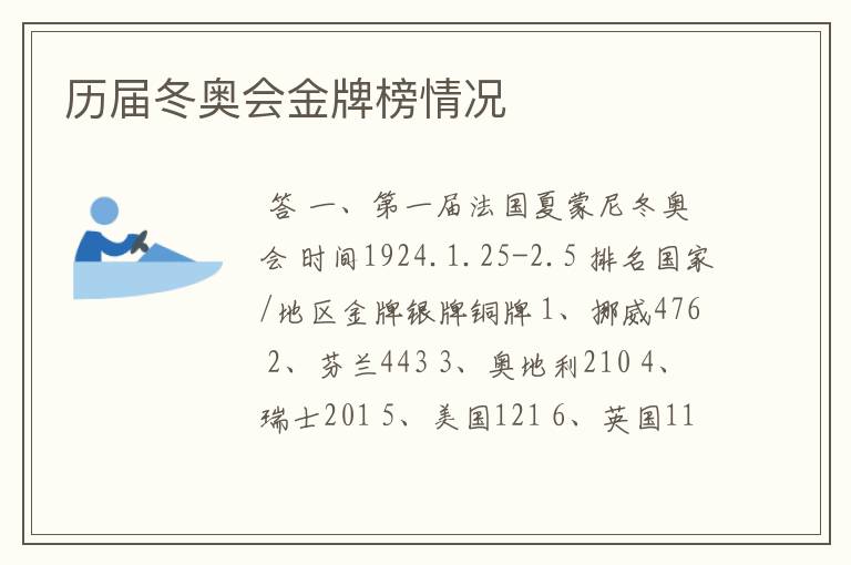历届冬奥会金牌榜情况