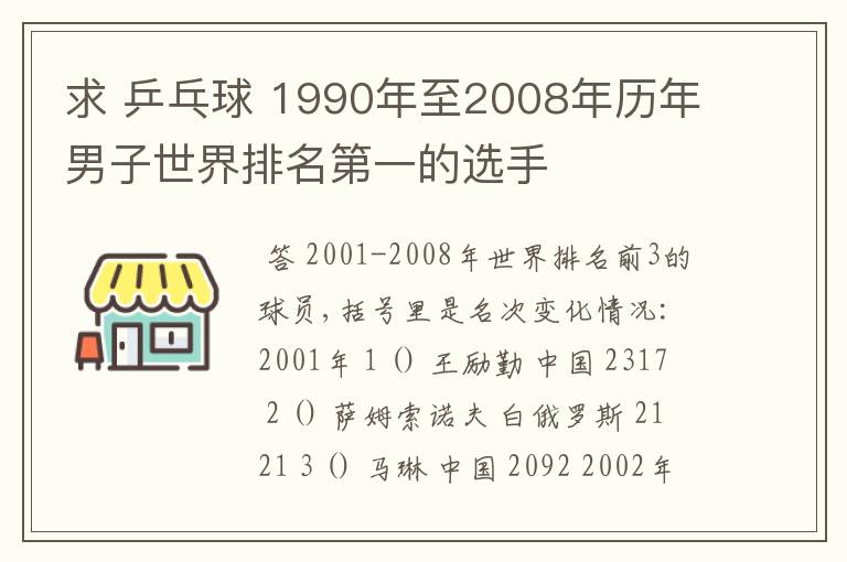 求 乒乓球 1990年至2008年历年男子世界排名第一的选手