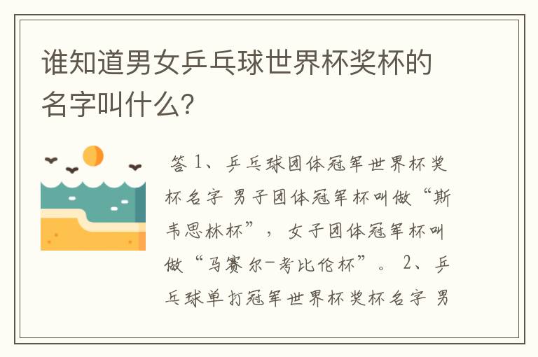 谁知道男女乒乓球世界杯奖杯的名字叫什么?