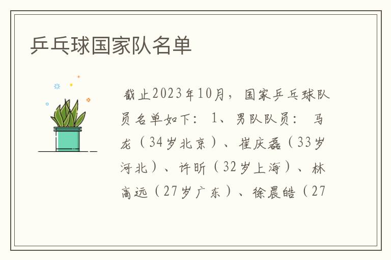 乒乓球国家队名单