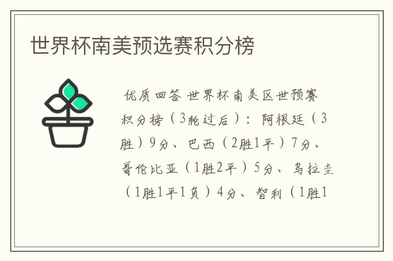 世界杯南美预选赛积分榜