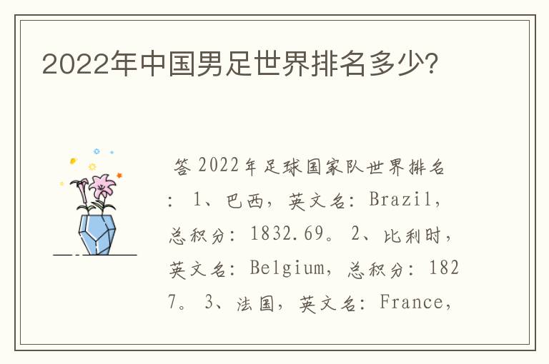 2022年中国男足世界排名多少?