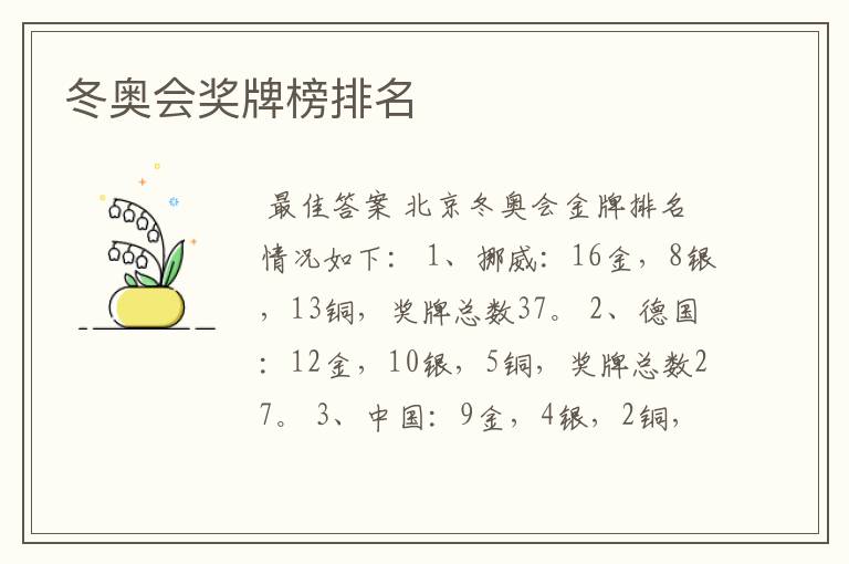 冬奥会奖牌榜排名