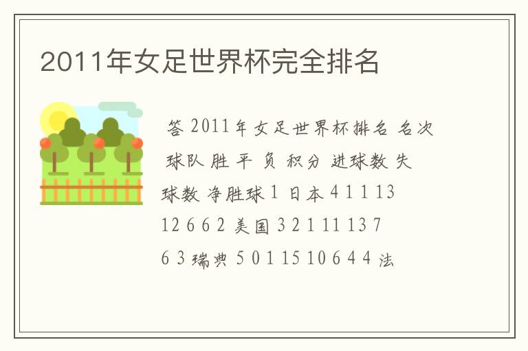 2011年女足世界杯完全排名