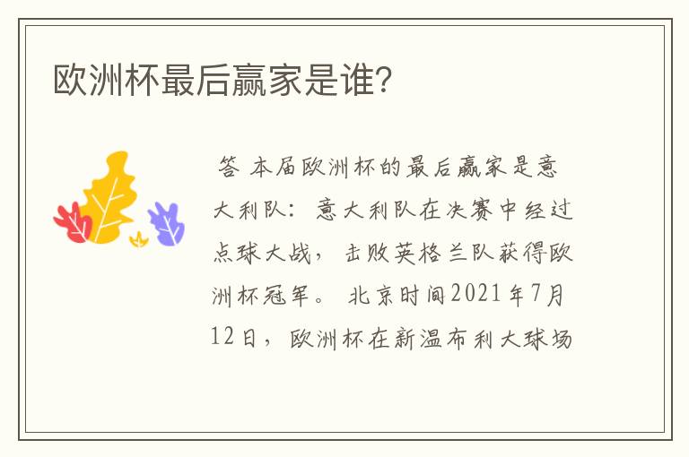欧洲杯最后赢家是谁?