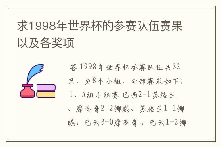 求1998年世界杯的参赛队伍赛果以及各奖项
