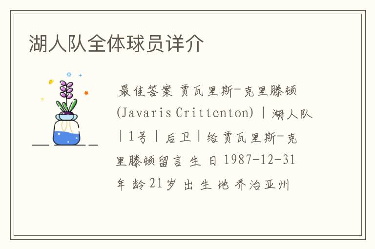 湖人队全体球员详介