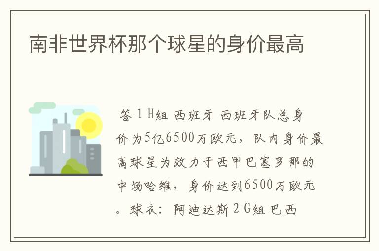 南非世界杯那个球星的身价最高