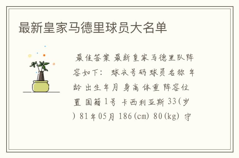 最新皇家马德里球员大名单