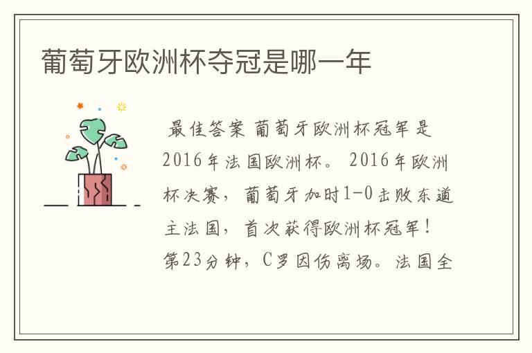 葡萄牙欧洲杯夺冠是哪一年