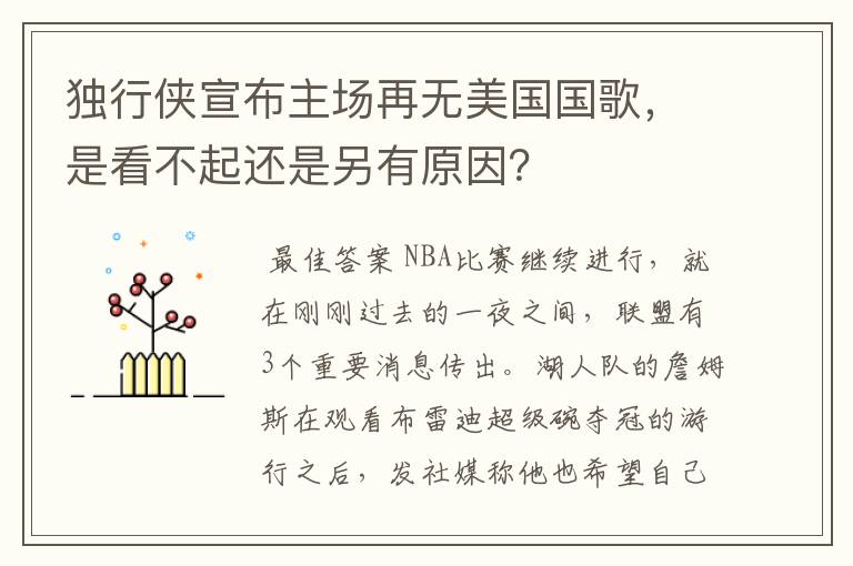 独行侠宣布主场再无美国国歌,是看不起还是另有原因?
