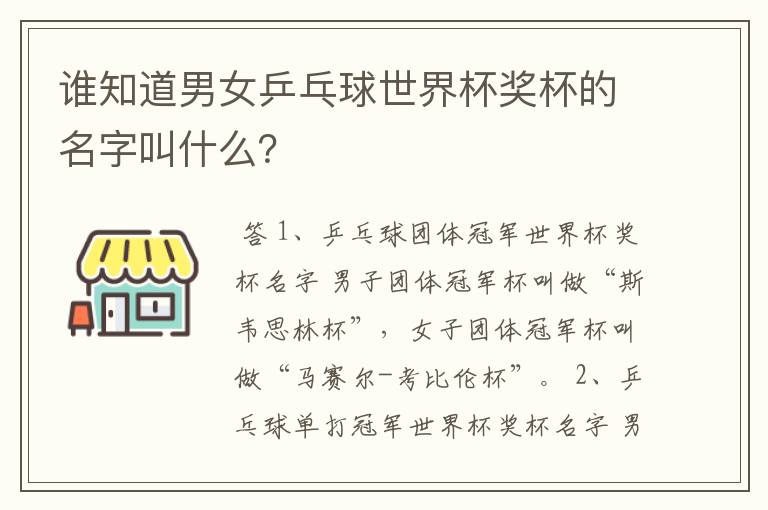 谁知道男女乒乓球世界杯奖杯的名字叫什么?