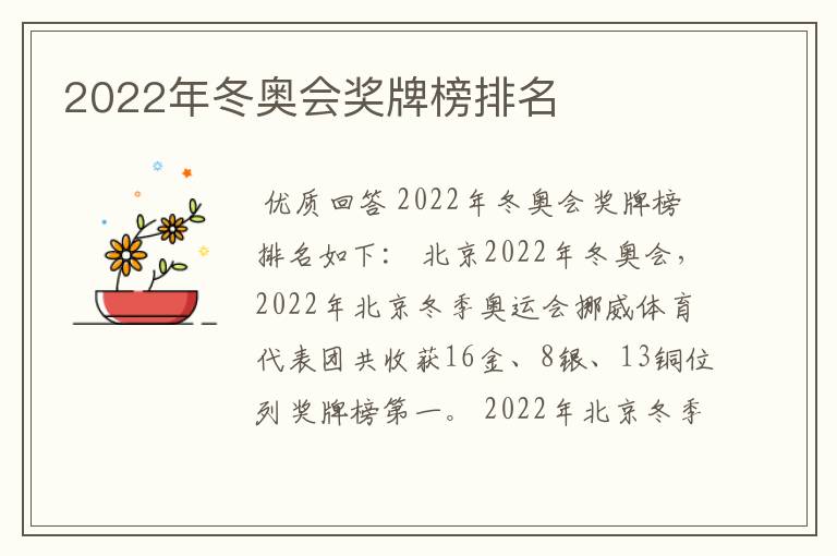 2022年冬奥会奖牌榜排名